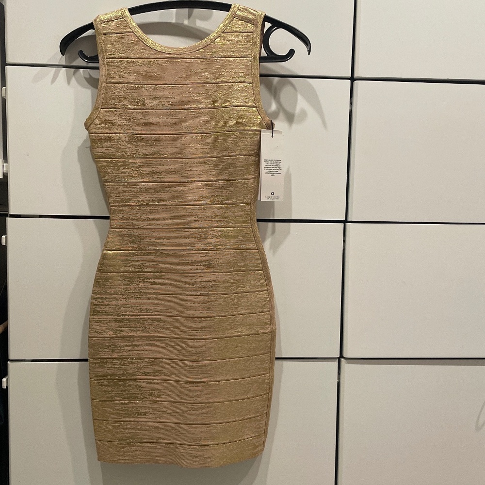NWT Herve Leger Foil Scoop Back Mini Dress | Gold Foil